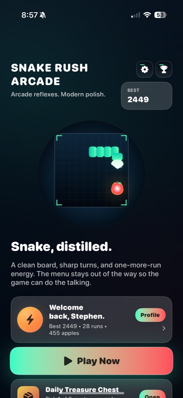 Snake Rush Arcade home screen